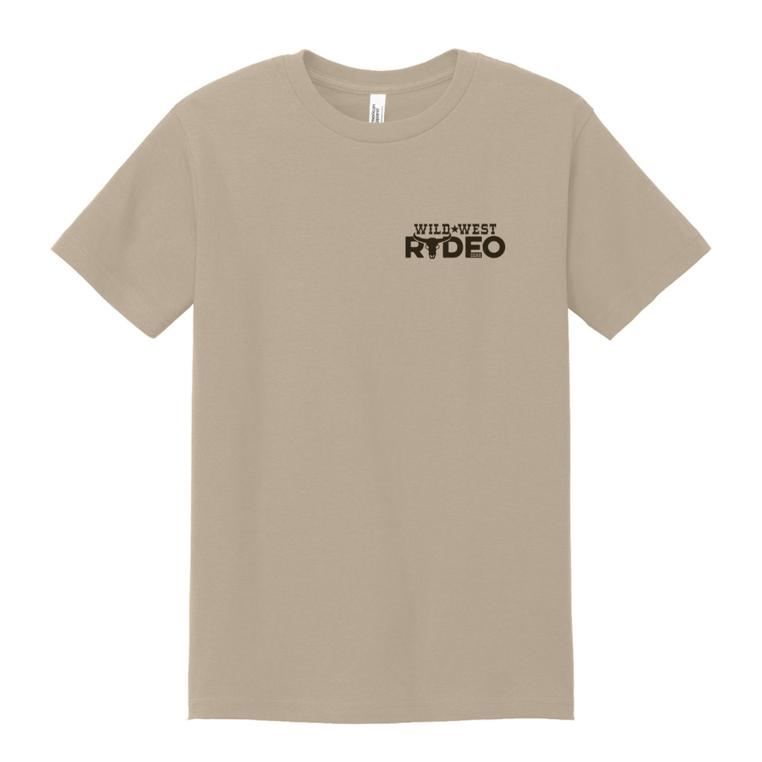 Beige t-shirt with 'Wild West Rodeo' text on a white background