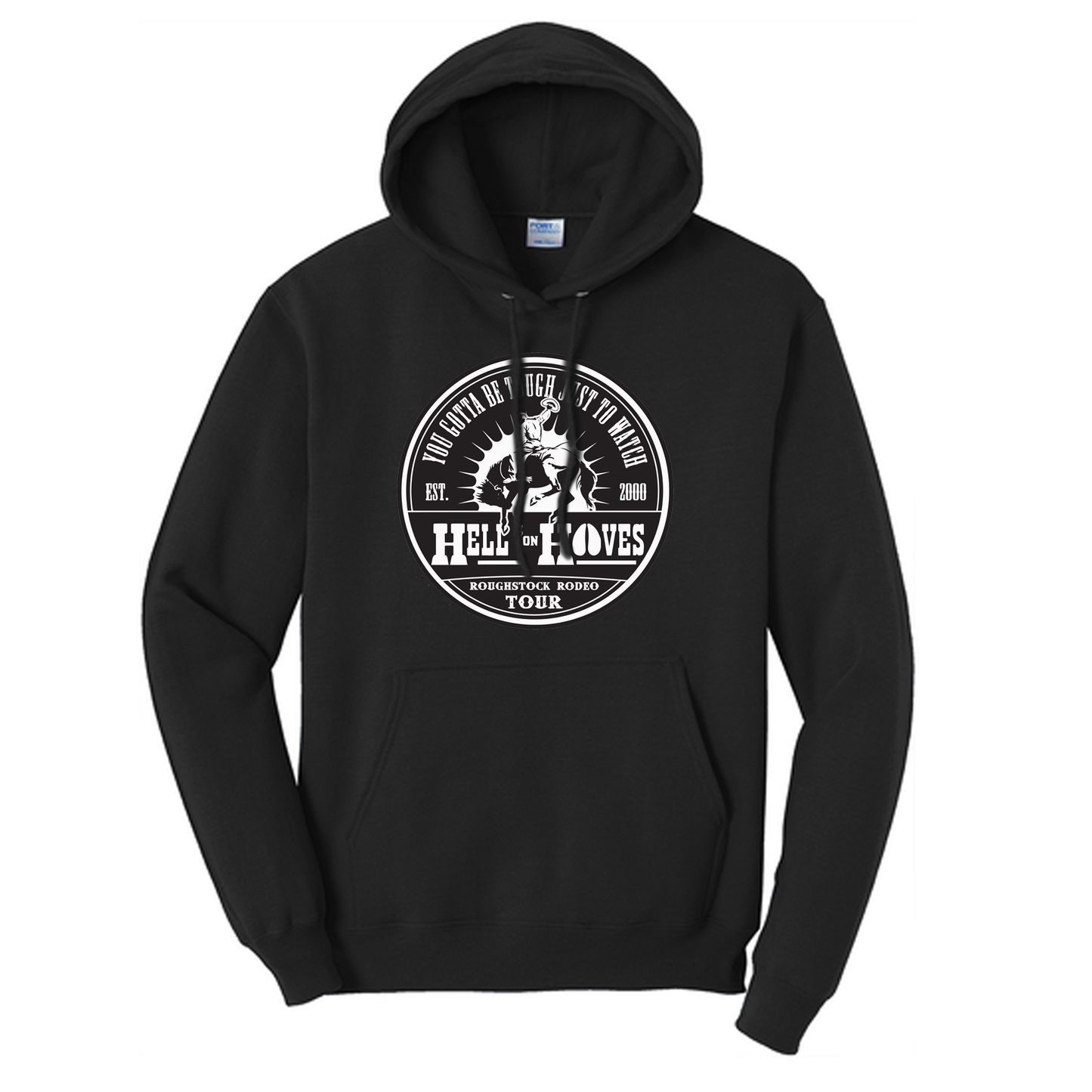 Hell on Hooves Hoodie in Sand and Black with western front graphic.