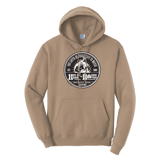 Hell on Hooves Hoodie in Sand with western front graphic.