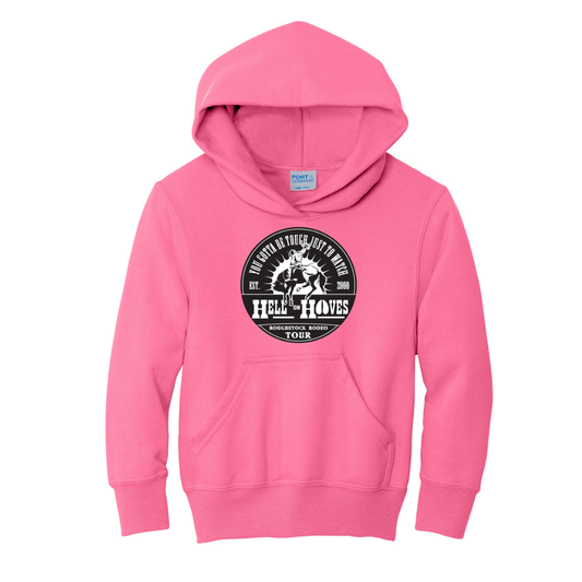Hell on Hooves Youth Hoodie in Coyote Brown and Neon Pink with Roughstock Rodeo Tour front graphic.