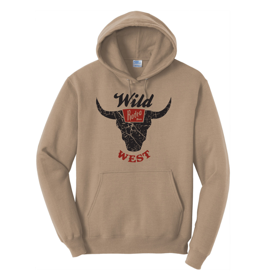 Wild West Rodeo Gear Hoodie in Sand with vintage bull head western logo.