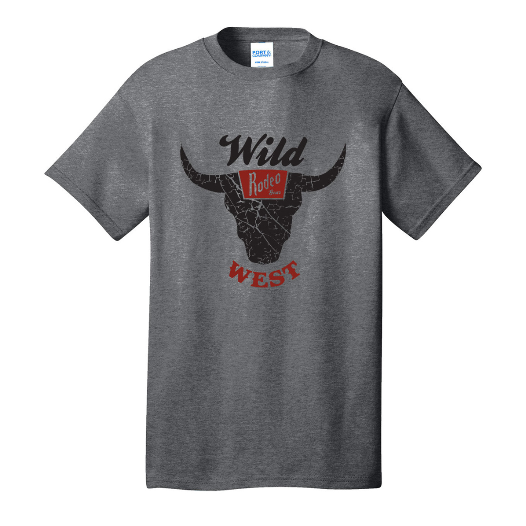 Gray t-shirt with a bull skull design and 'Wild West' text on a white background