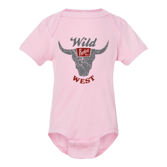 Pink baby onesie with 'Wild West' and bull graphic on a white background