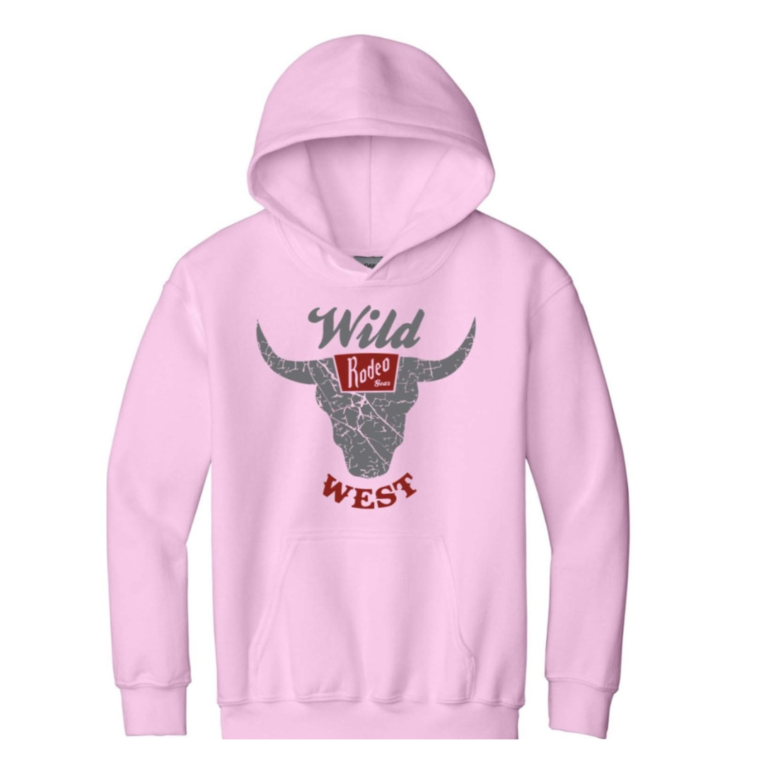 Youth Wild West Rodeo Gear Hoodie in Light Pink with retro western logo.