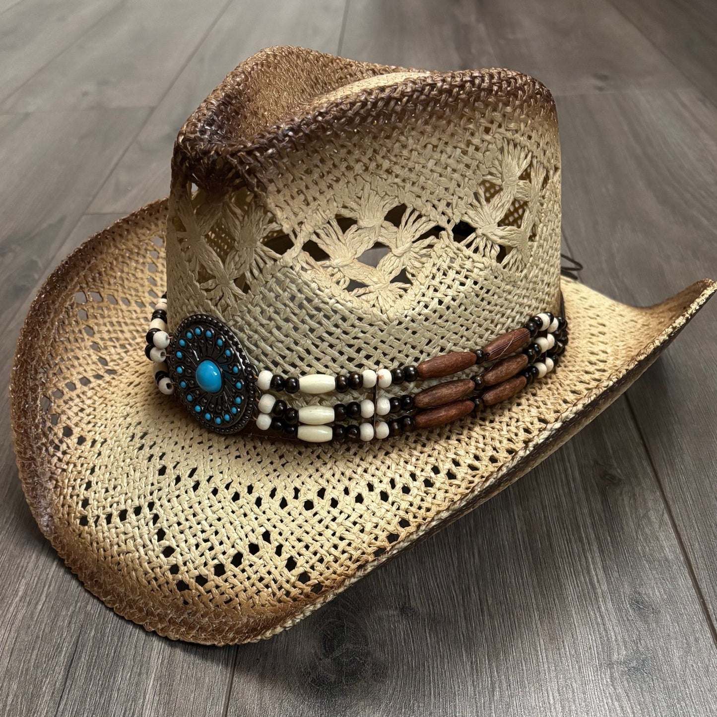 Western Raffia Cowboy Hat with Beads | Unisex Western Hat