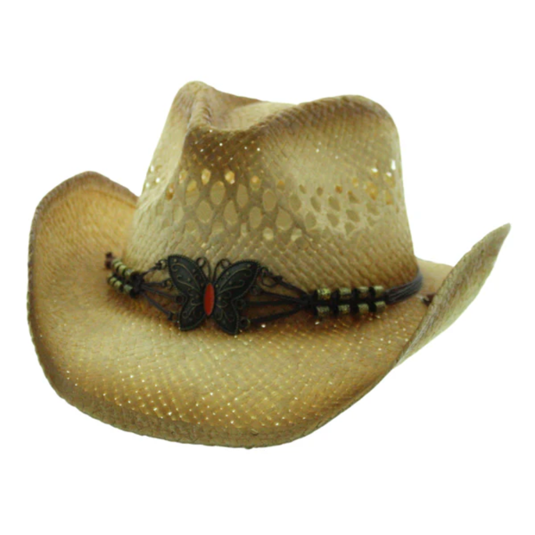 Natural raffia cowgirl hat with butterfly accent and elastic fit band.