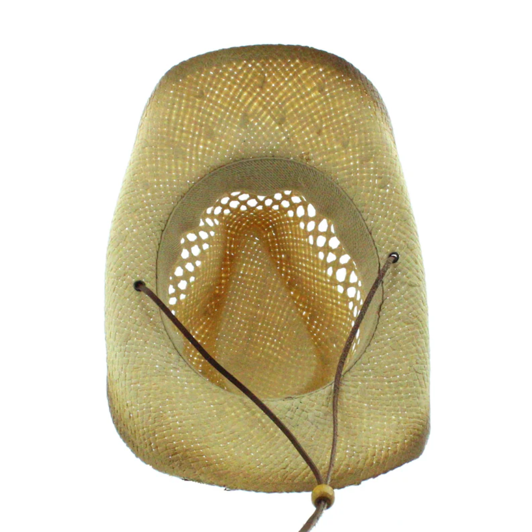 Natural raffia cowgirl hat with butterfly accent and elastic fit band.