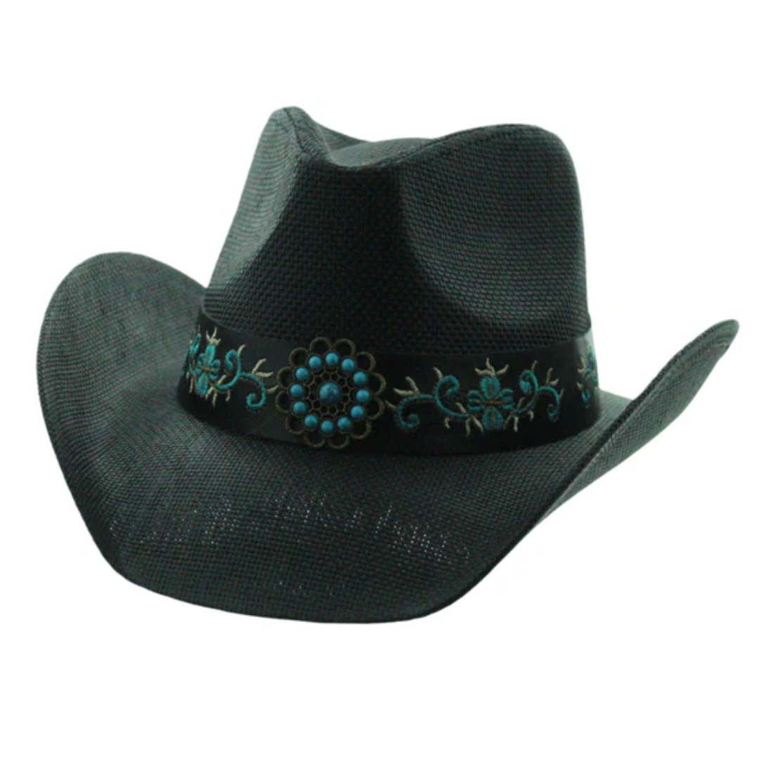 Black cowgirl hat with turquoise detailing and western shape.