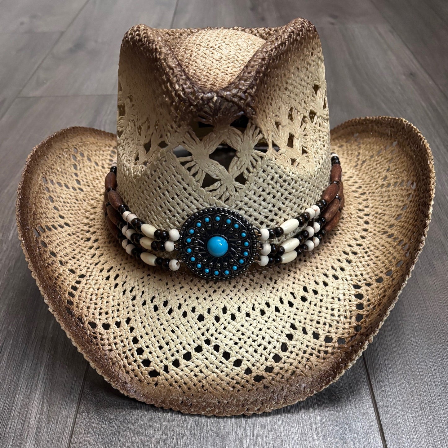 Western Raffia Cowboy Hat with Beads | Unisex Western Hat