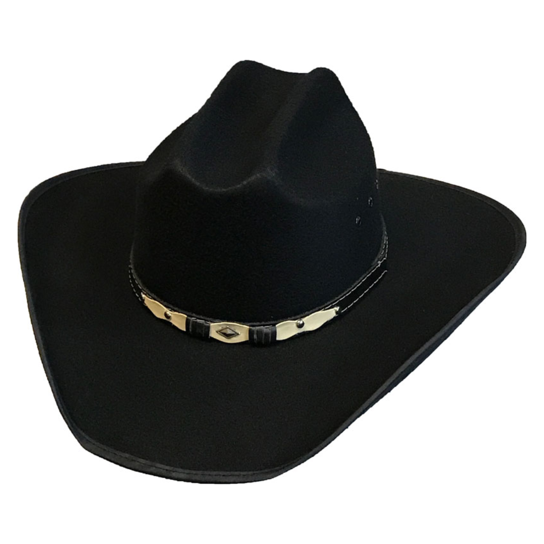Black wool blend cowboy hat with cattleman crown and gold metallic hat band.