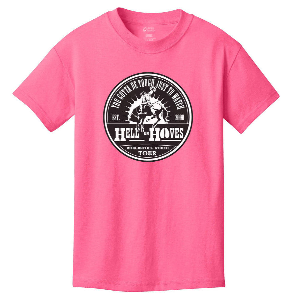 Hell on Hooves Youth Tee in Sand and Neon Pink with Roughstock Rodeo Tour front graphic.