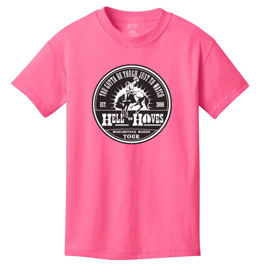 Hell on Hooves Youth Tee in Sand and Neon Pink with Roughstock Rodeo Tour front graphic.