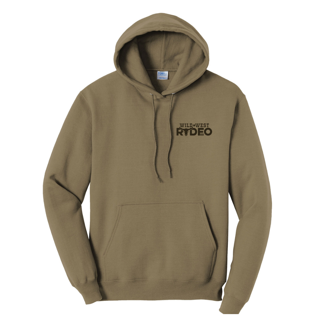 Khaki hoodie with 'Wild West Rodeo' text on a white background