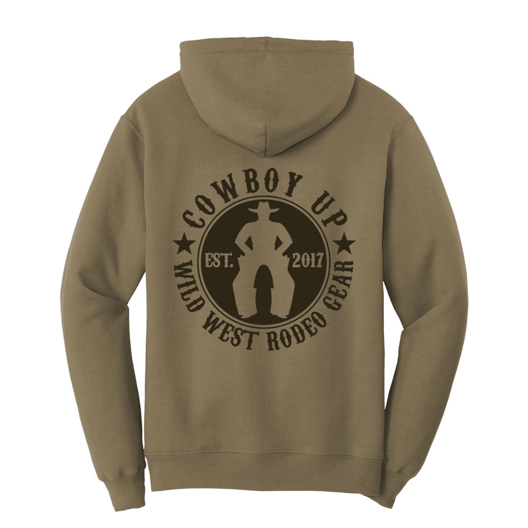 Cowboy Up Hoodie in coyote brown with front logo, full-back Cowboy Up graphic, and bull horn hood design.