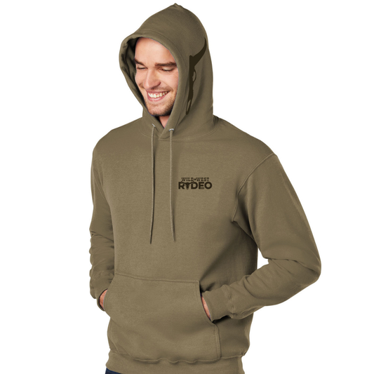 Cowboy Up Hoodie in coyote brown with front logo, full-back Cowboy Up graphic, and bull horn hood design.