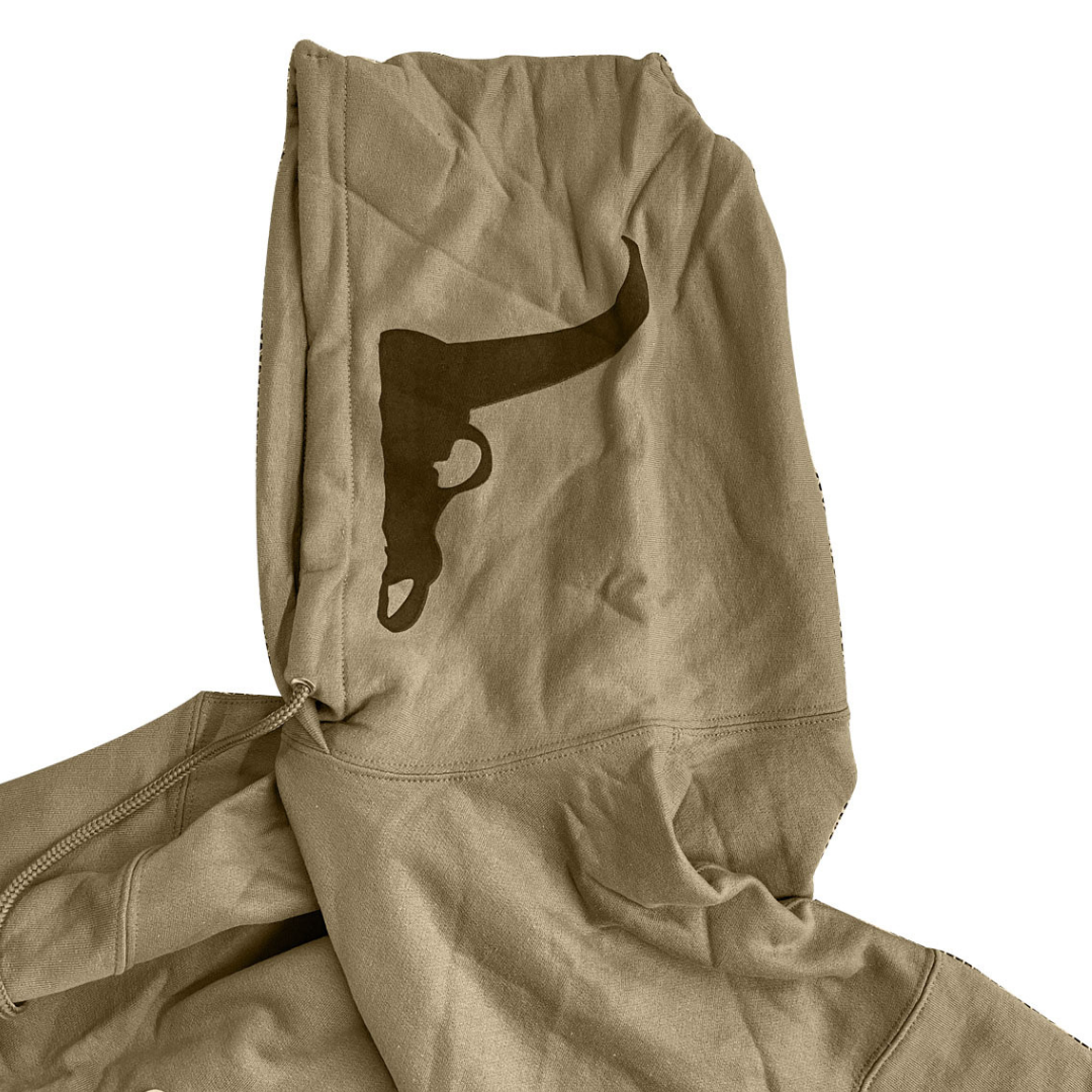 Cowboy Up Hoodie in coyote brown with front logo, full-back Cowboy Up graphic, and bull horn hood design.
