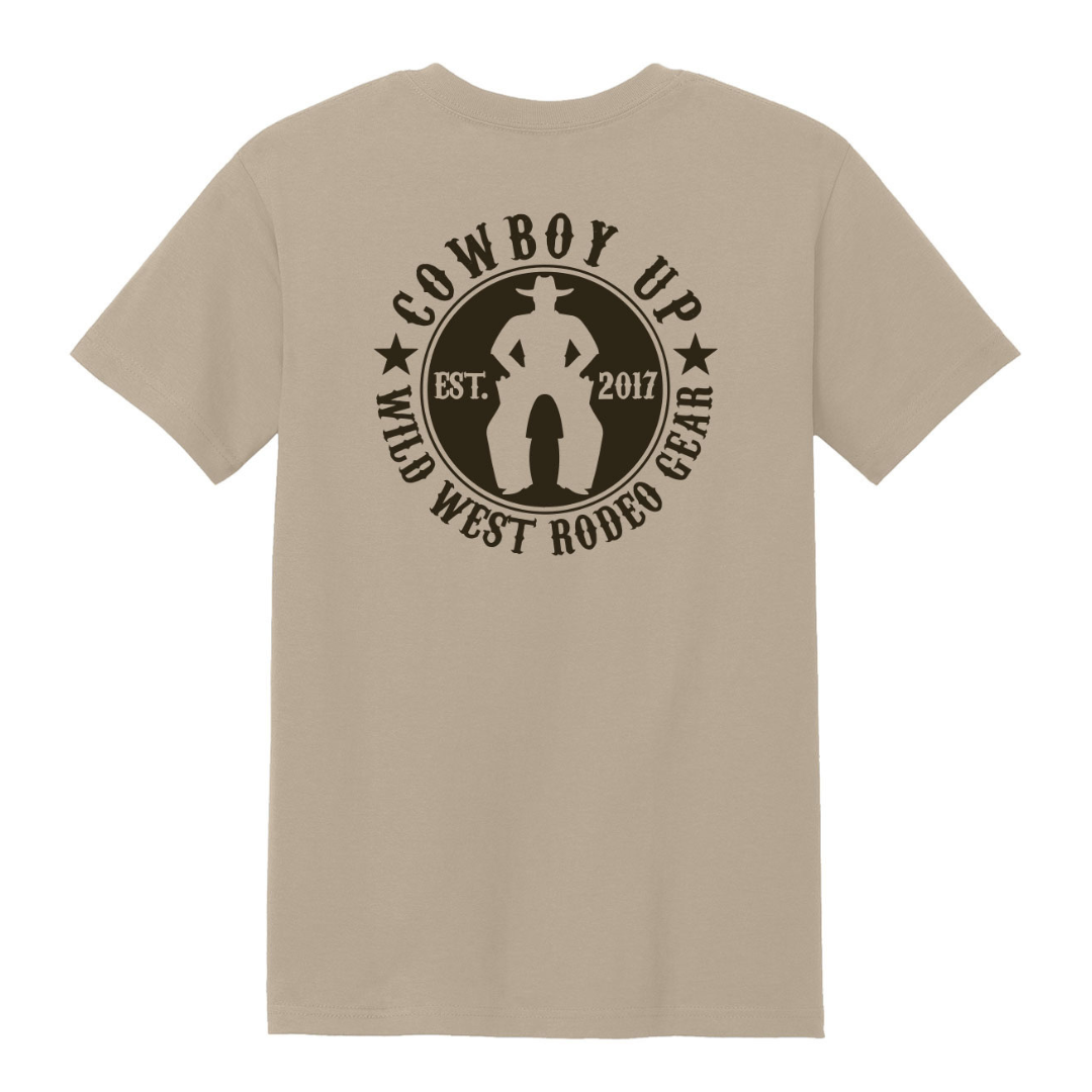 Cowboy Up Tee in light sand with front Wild West Rodeo logo and full-back Cowboy Up graphic.