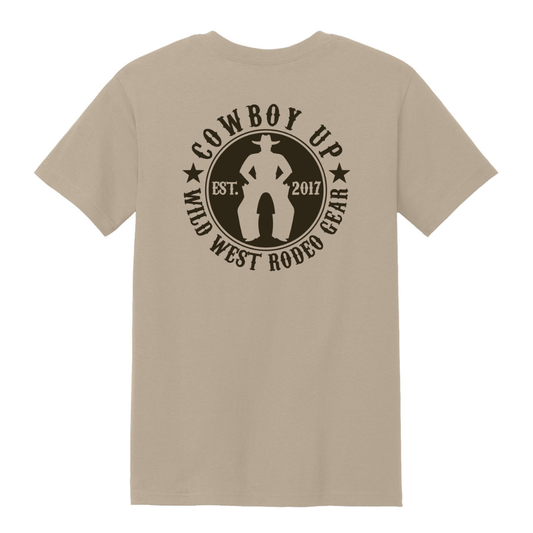 Cowboy Up Tee in light sand with front Wild West Rodeo logo and full-back Cowboy Up graphic.
