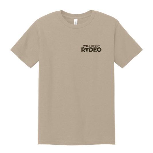 Beige t-shirt with 'Wild West Rodeo' text on a white background