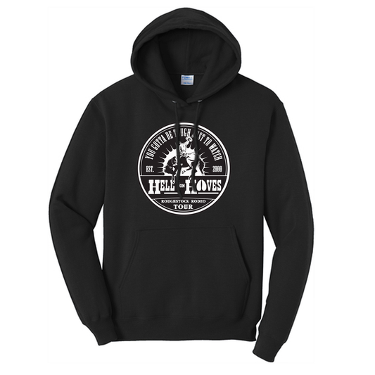 Hell on Hooves Hoodie in Sand and Black with western front graphic.
