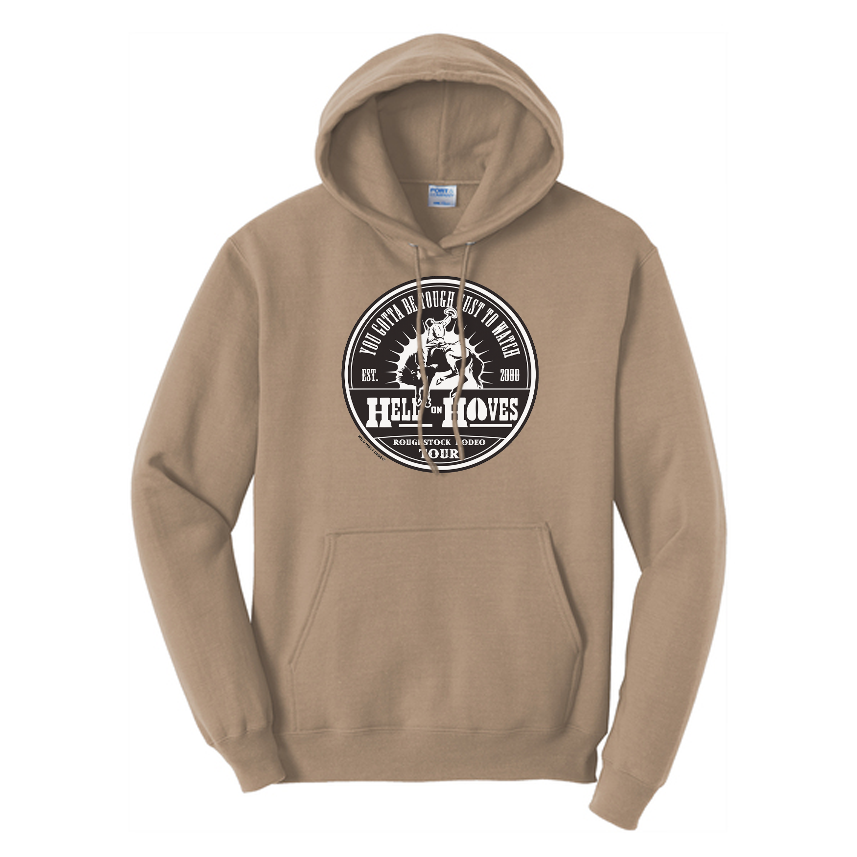 Hell on Hooves Hoodie in Sand  with western front graphic.