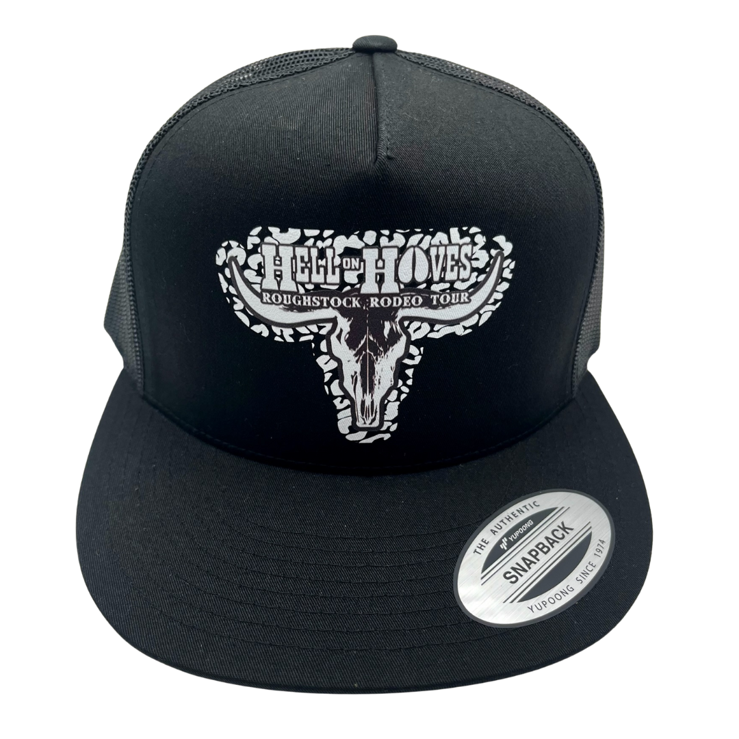 Black snapback cap with white graphic design on a white background