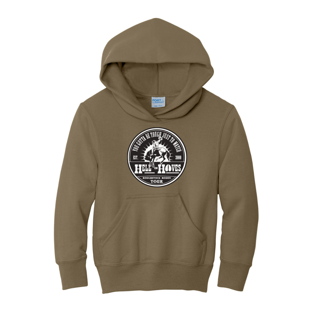 Hell on Hooves Youth Hoodie in Coyote Brown and Neon Pink with Roughstock Rodeo Tour front graphic.