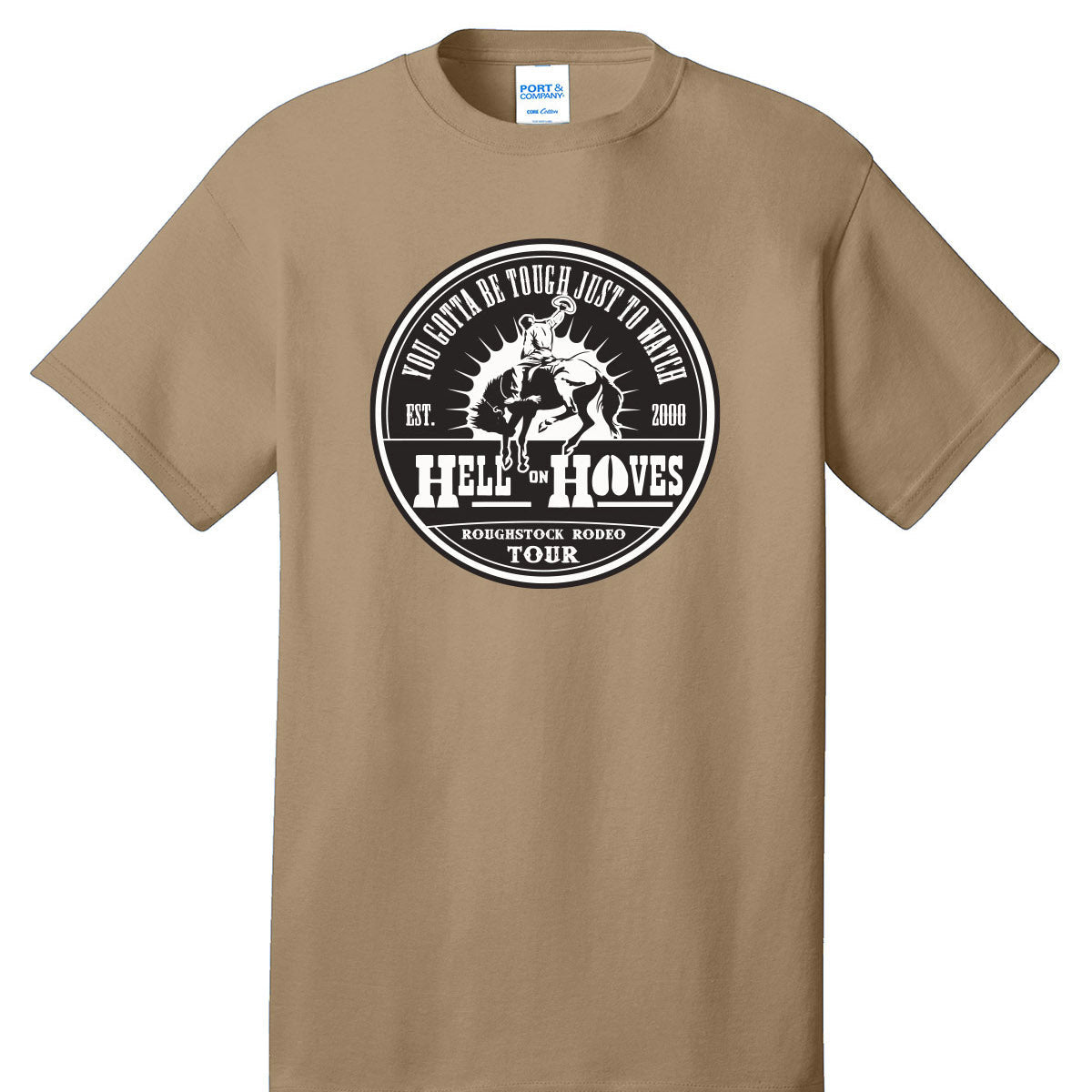 Hell on Hooves Youth Tee in Sand with Roughstock Rodeo Tour front graphic.
