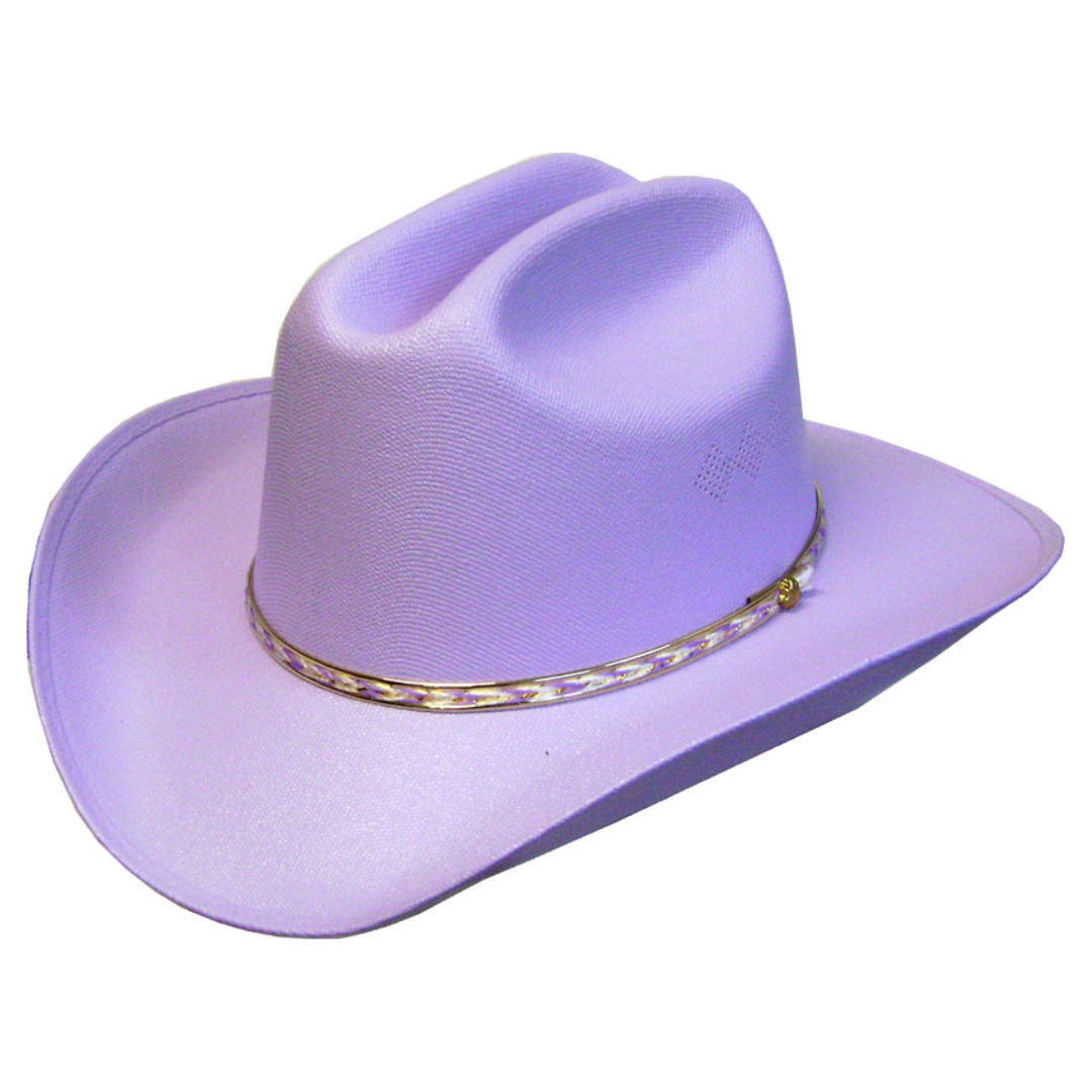 Purple cowboy hat with a gold band on a white background