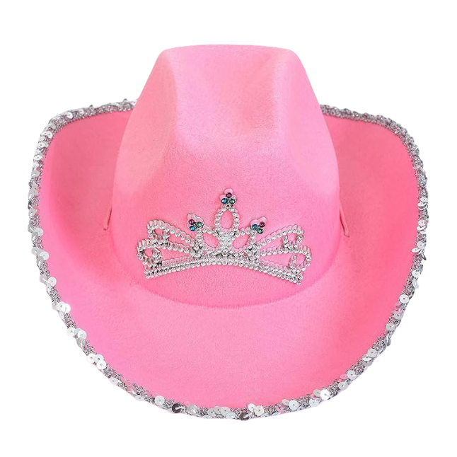 A pink cowgirl hat with a tiara that lights up, intended for children.