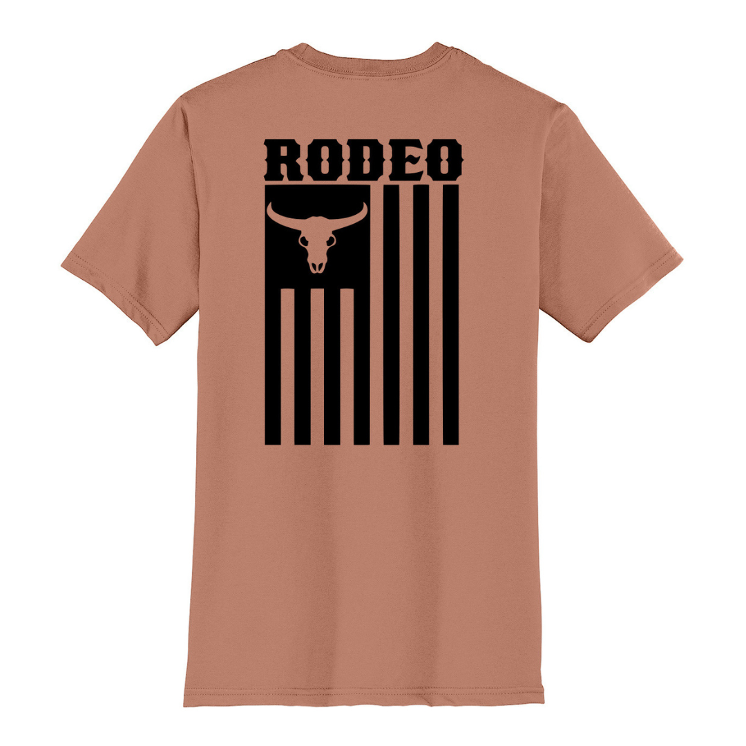 WWRG Flag Tee in desert rose with black front logo and full back flag graphic.