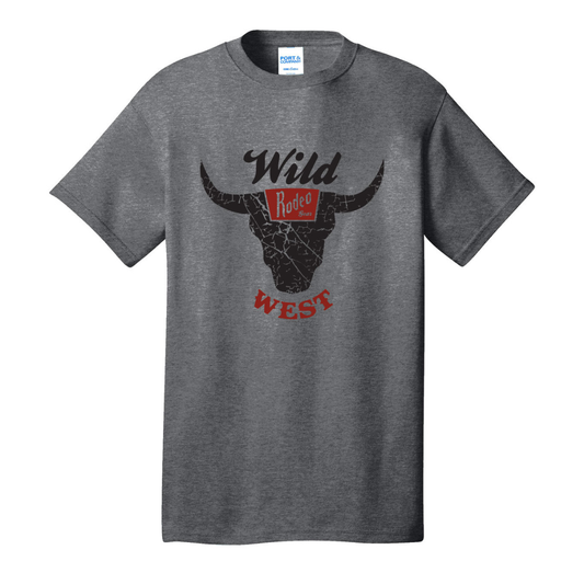 Gray t-shirt with a bull skull design and 'Wild West' text on a white background