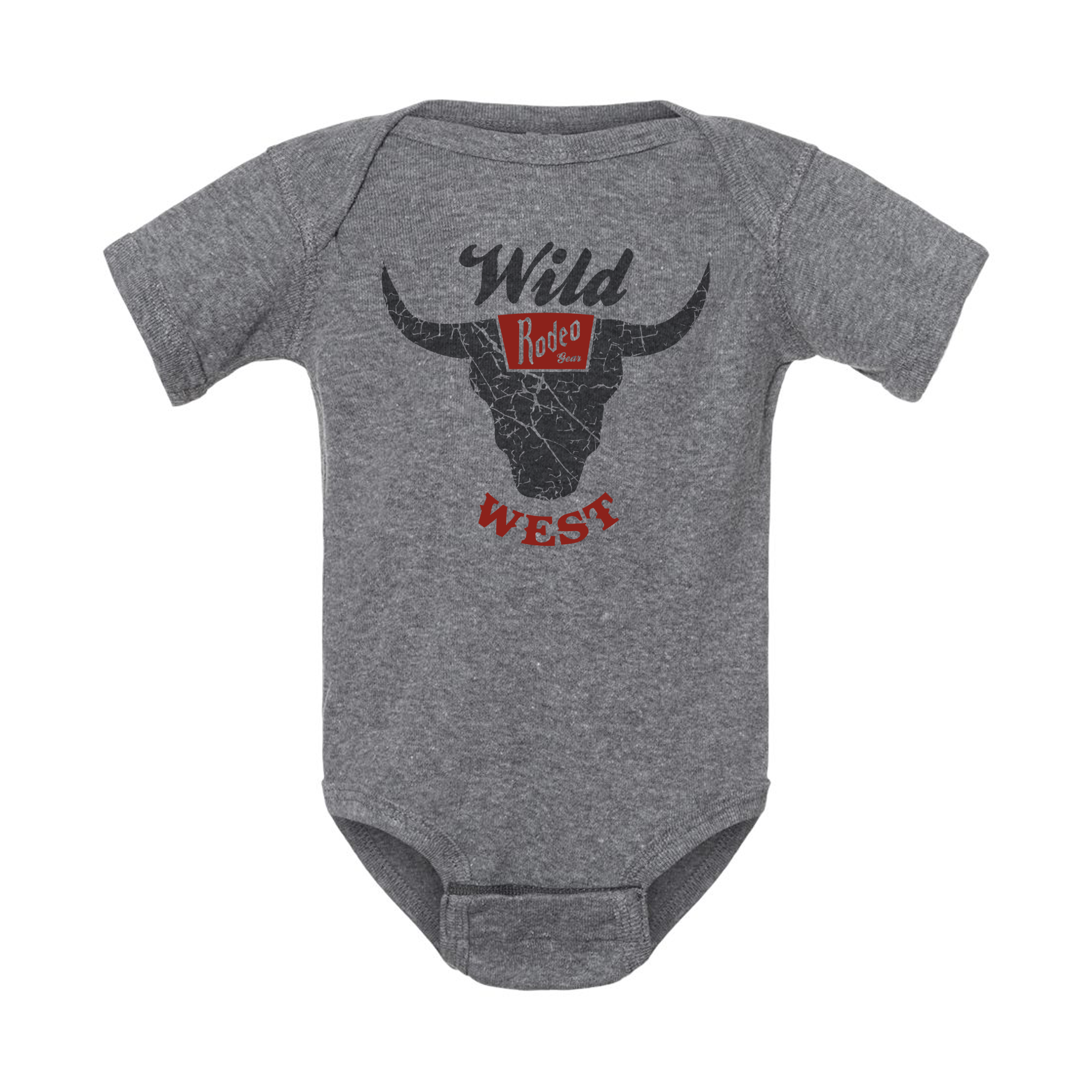 Gray baby onesie with a bull skull design and 'Wild West' text on a white background