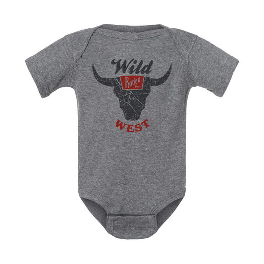 Gray baby onesie with a bull skull design and 'Wild West' text on a white background