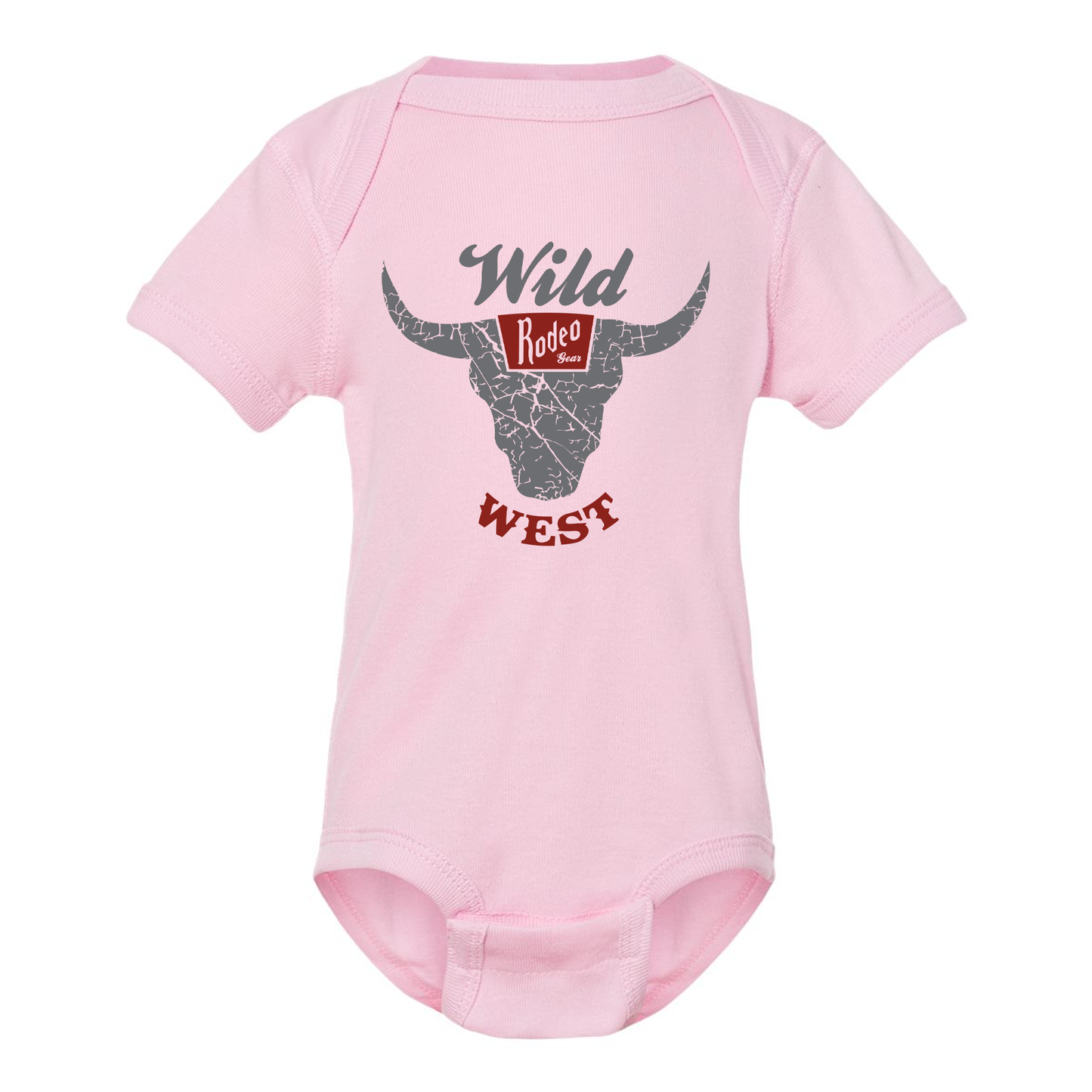 Pink baby onesie with 'Wild West' and bull graphic on a white background