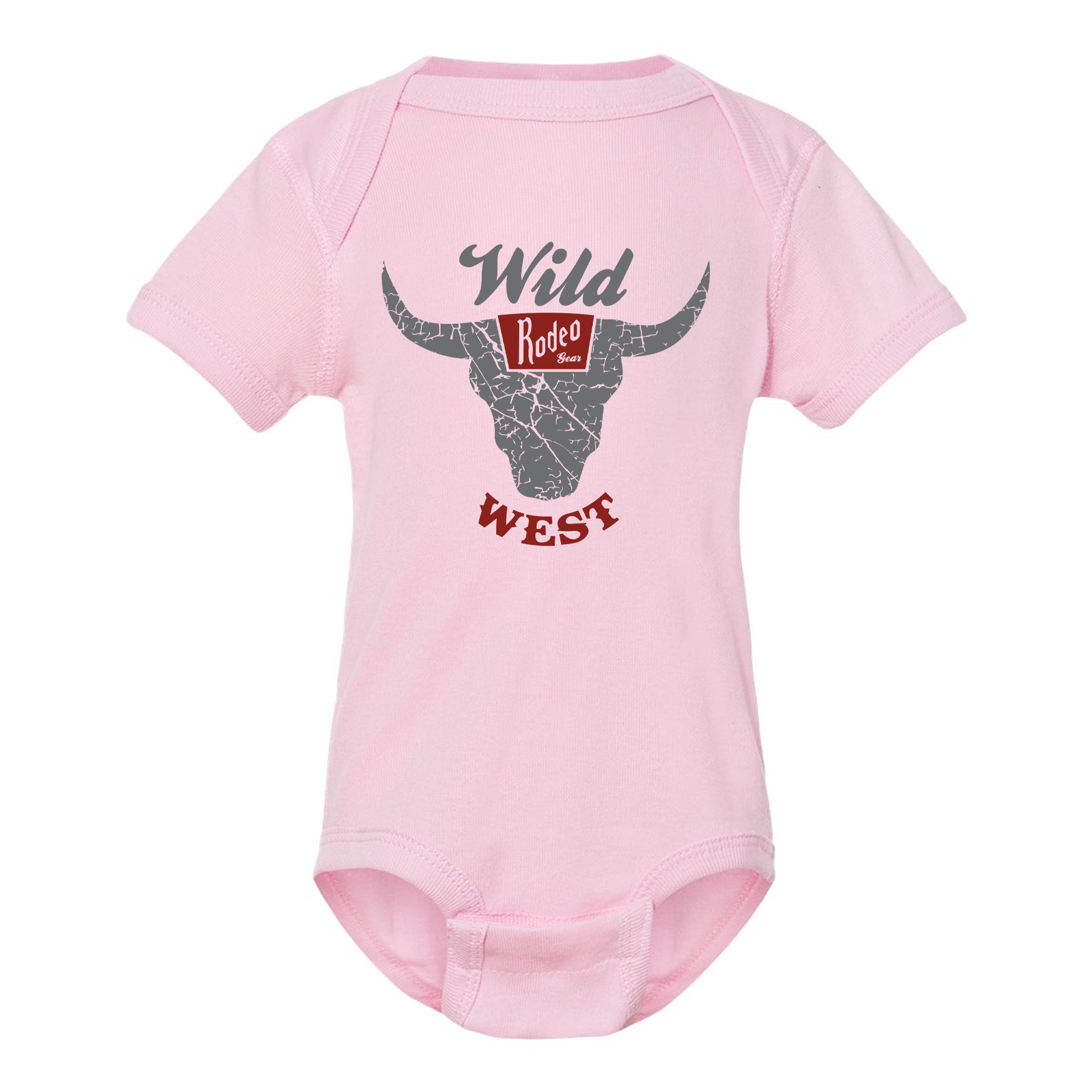 Pink baby onesie with 'Wild West' and bull graphic on a white background