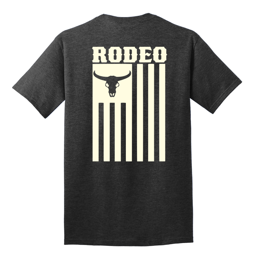 Black t-shirt with 'RODEO' and bull skull design on a white background
