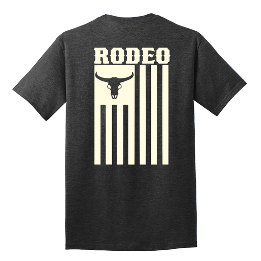 Black t-shirt with 'RODEO' and bull skull design on a white background