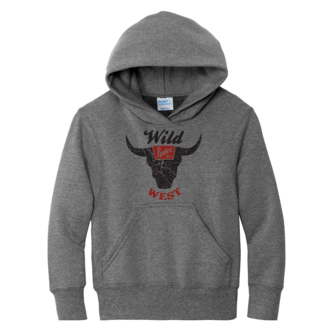 Youth Wild West Rodeo Gear Hoodie in Graphite Heather with retro western logo.