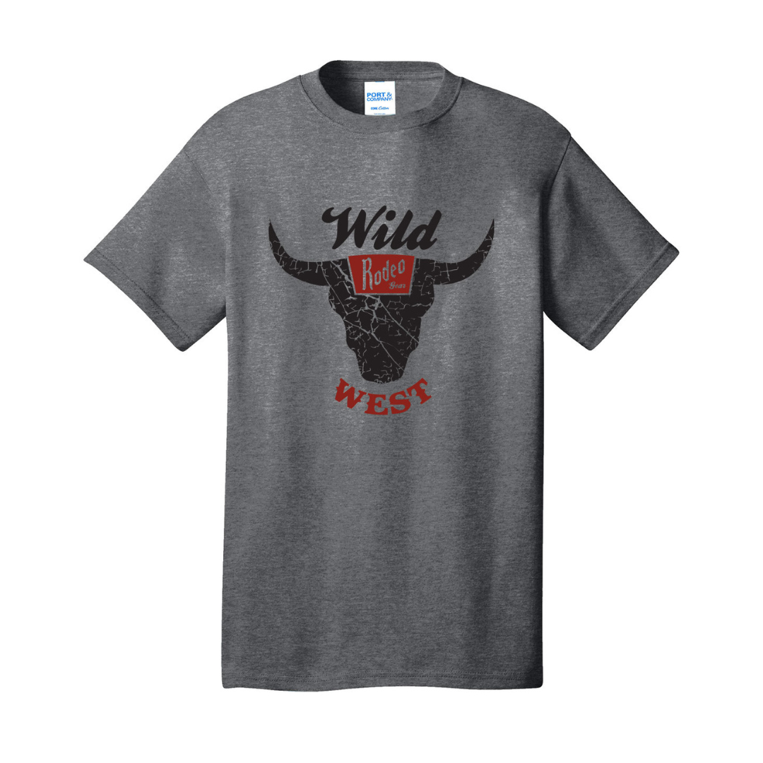 Youth Wild West Rodeo Gear T-Shirt in Graphite Heather with retro western logo.
