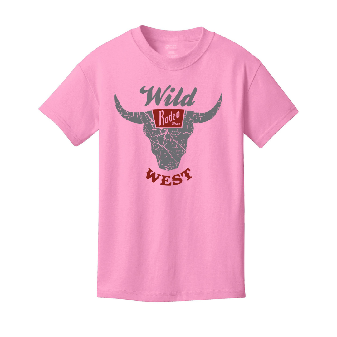 Youth Wild West Rodeo Gear T-Shirt in Candy Pink with retro western logo.