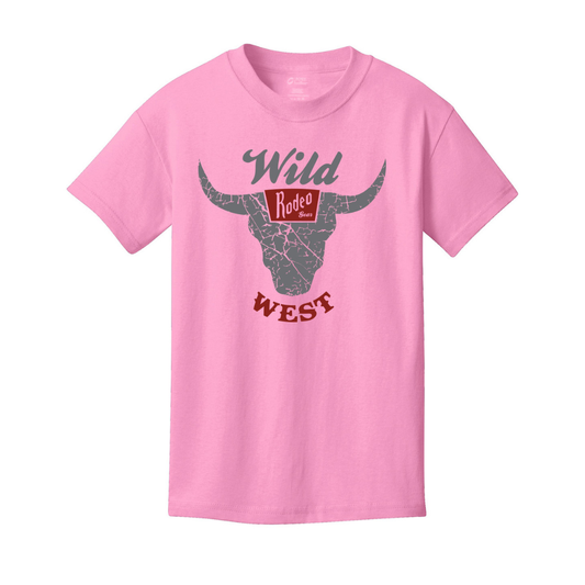Youth Wild West Rodeo Gear T-Shirt in Candy Pink with retro western logo.
