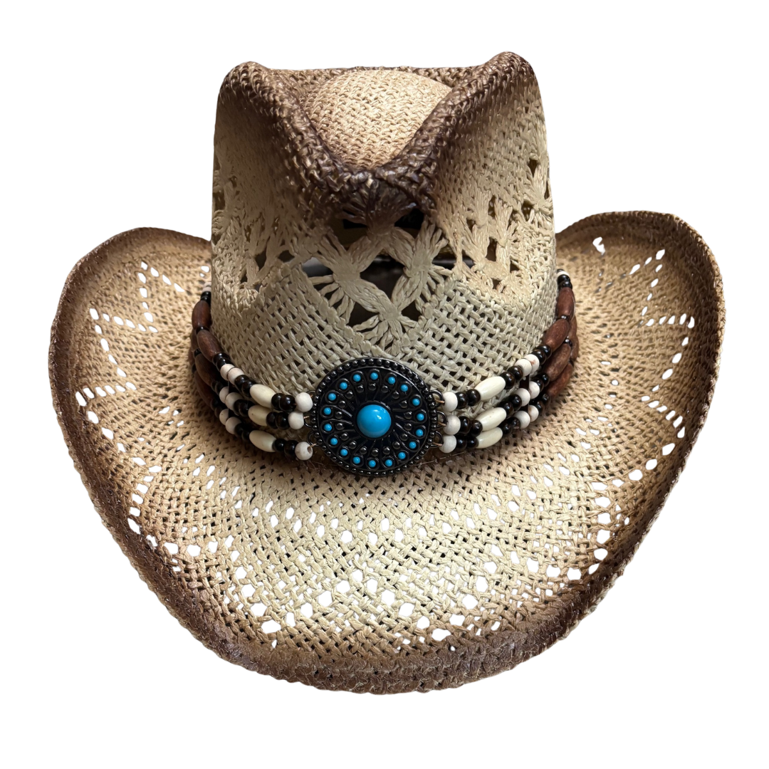 Western Raffia Cowboy Hat with Beads | Unisex Western Hat