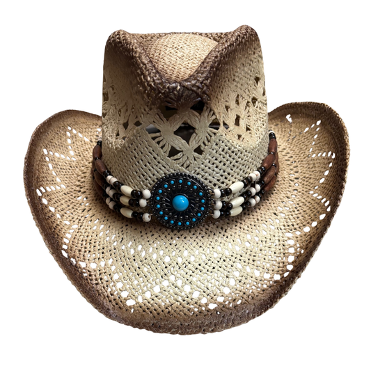 Western Raffia Cowboy Hat with Beads | Unisex Western Hat